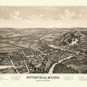 Pittsfield, Maine in 1889 - Bird&#39;s Eye View, Aerial, Panoryistorama, Vintage, Antique, Reproduction, Giclée, Fine Art, Wall Map, H