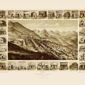 Virginia City, Nevada en 1861 - Vue aérienne, aérienne, panorama, vintage, carte ancienne, reproduction, giclée, beaux-arts, carte murale, histoire