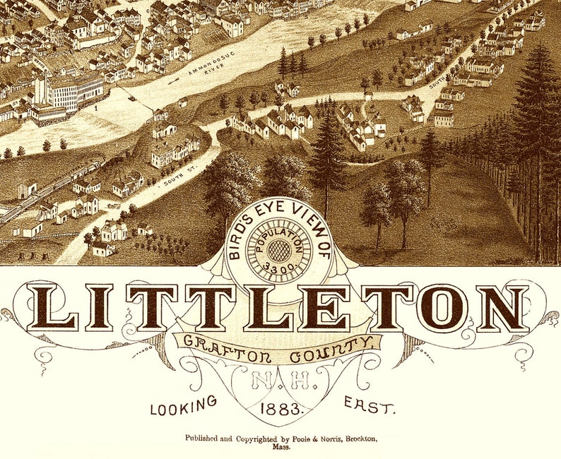 Littleton, New Hampshire in 1883 Bird's Eye Map, Aerial Map, Panorama