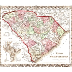 Colton&#39;s South Carolina in 1865- State Map, Restoration, Vintage, Antique, Fine Art, Wall Art, History