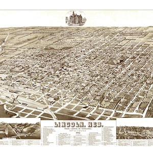 May include: An antique bird's-eye view map of Lincoln, Nebraska, showing the city's layout in 1889. The map is printed in sepia tones and includes a key identifying various landmarks and buildings.