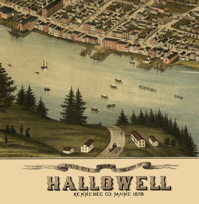 Hallowell Maine in 1878 Bird's Eye View Map Aerial Etsy