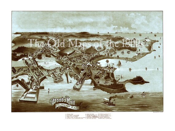 Woods Hole, Falmouth, Massachusetts in 1887 Bird's Eye View, Aerial Map,  Panorama, Vintage Map, Antique Map, Giclée, Fine Art, Wall Art - Etsy