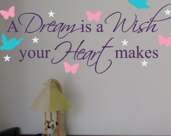 A Dream is a Wish your Heart Makes Decal with Birds Butterflies and Stars Wall Vinyl Sticker Baby Girls Room Nursery Cinderella Theme Hope