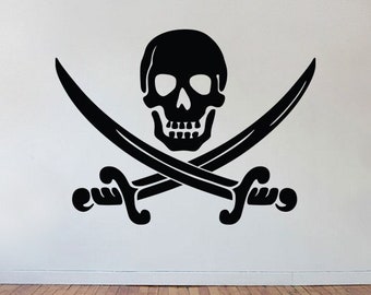 Jolly Roger Decal Wall Vinyl Sticker Family Kids Room Pirates of the Caribbean Ship Flag Jack Sparrow Black Beard Ninja Sword Playroom Art
