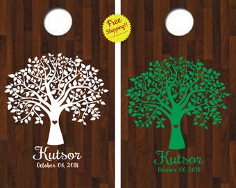 Cornhole Wedding Tree w Name Date - Vinyl Stickers FREE SHIPPING Personalized Backyard Party Custom Party Husband Wife Outdoor Games Bar B Q