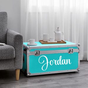 Pu&ograve; includere: Un baule turchese con finiture argentate e il nome "Jordan" in corsivo bianco. Il baule &egrave; usato come tavolino, con un vassoio di legno che contiene tazze bianche e una teiera. Il baule si trova in una stanza con una poltrona grigia.