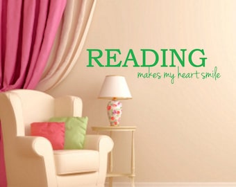 Reading Makes My Heart Smile - Decal Wall Vinyl Sticker Family Kids Room Mural Motivational Quote School Room Playroom Inspirational Love