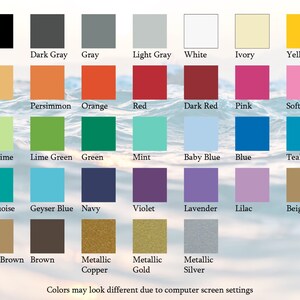 May include: A color chart with 36 different color swatches. The colors are arranged in rows and columns, with each color labeled with its name. The colors include black, dark gray, gray, light gray, white, ivory, yellow, dijon, persimmon, orange, red, dark red, pink, soft pink, key lime, lime green, green, mint, baby blue, blue, teal, turquoise, geyser blue, navy, violet, lavender, lilac, beige, light brown, brown, metallic copper, metallic gold, and metallic silver.