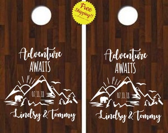 Custom Wedding Cornhole Decals Adventure Awaits Two Wedding Decorations Rustic FREE SHIPPING Bride and Groom Names and Date DIY Decal