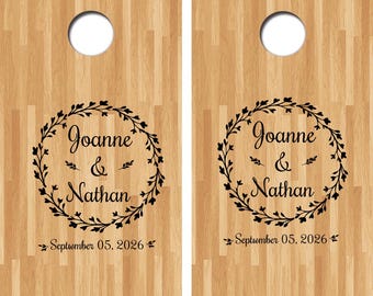 Custom Wedding Cornhole Decals – Leafy Wreath Design (Set of 2)