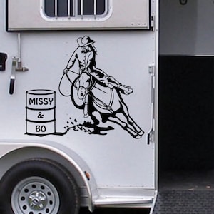 Barrel Racer Woman Personalized Barrel Vinyl Decal Sticker Horse Trailer Bumper Sticker Barn Western Reining Rodeo Roping Barrel Racing Deca