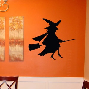 Witch Decal Flying - Wall Vinyl Sticker Family Kids Room Flying Witch on Broom Mural Holiday Spooky Scary October Magic All Hallows Eve Fun