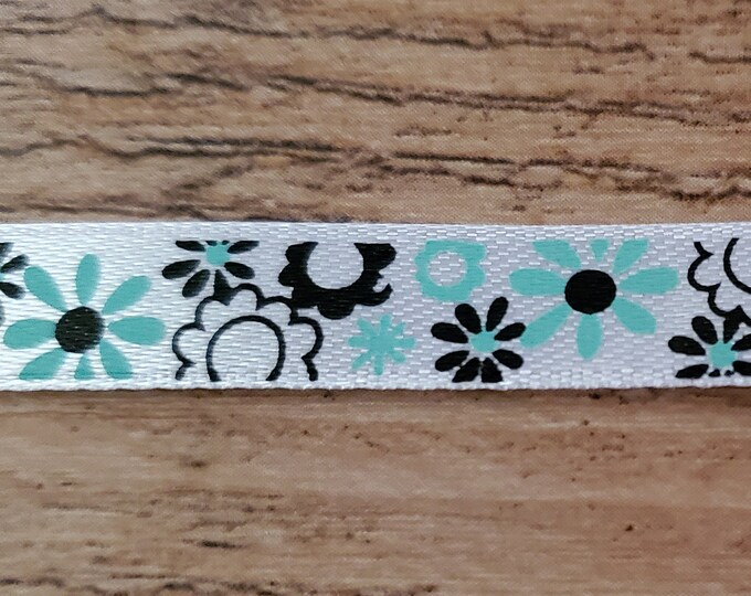 1 Yard 1 White Ribbon with Blue and Black Flowers