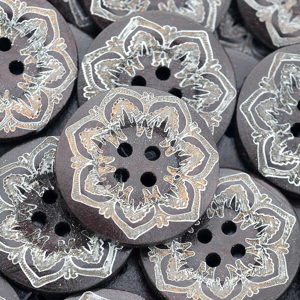 6 Flower Pattern Round Wooden Buttons - Sewing Buttons - #WS-00026