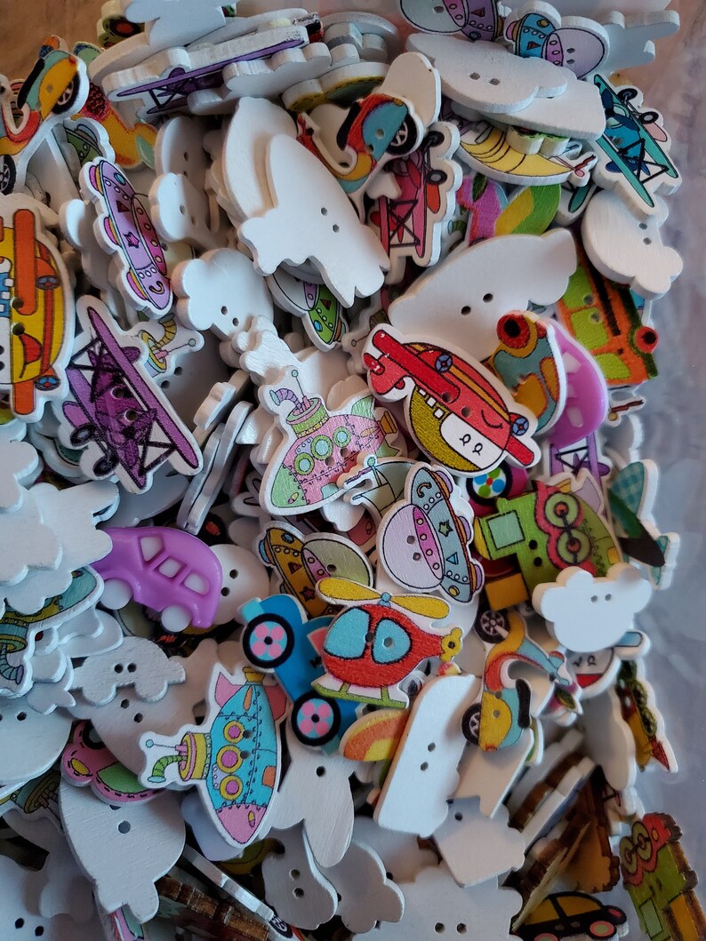 Cars 50 Mixed Vehicles Sewing Buttons Trucks-Airplanes Trains Buttons Colorful Buttons Craft Bus #LMSB-00275 Mixed Button