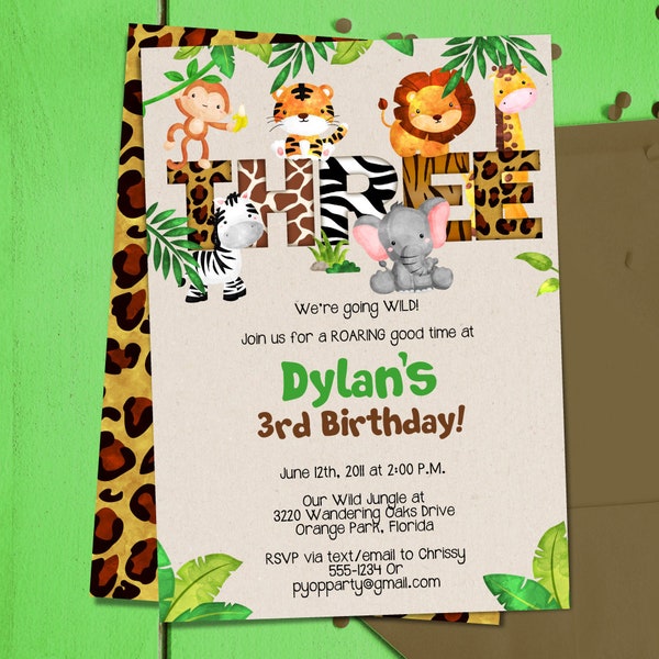 Jungle 3rd Birthday Party Invitation Template - Jungle Animals - THREE - Safari - Third Birthday Invitation - PDF Template - DIY