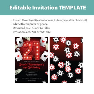 21st Birthday Invitations for Him Casino Theme - front and back