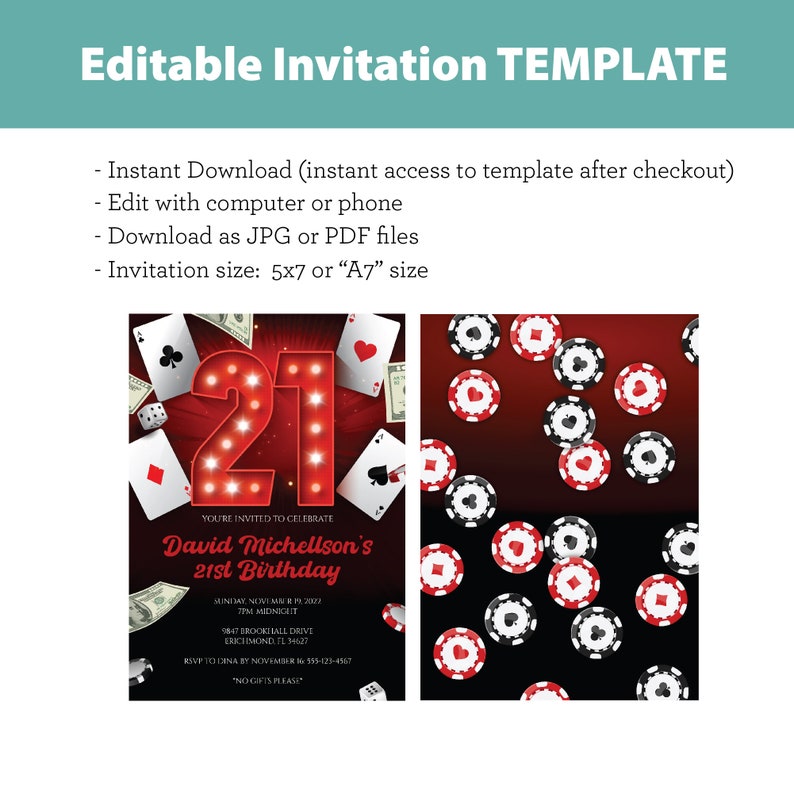21st Birthday Invitations for Him Casino Theme - front and back