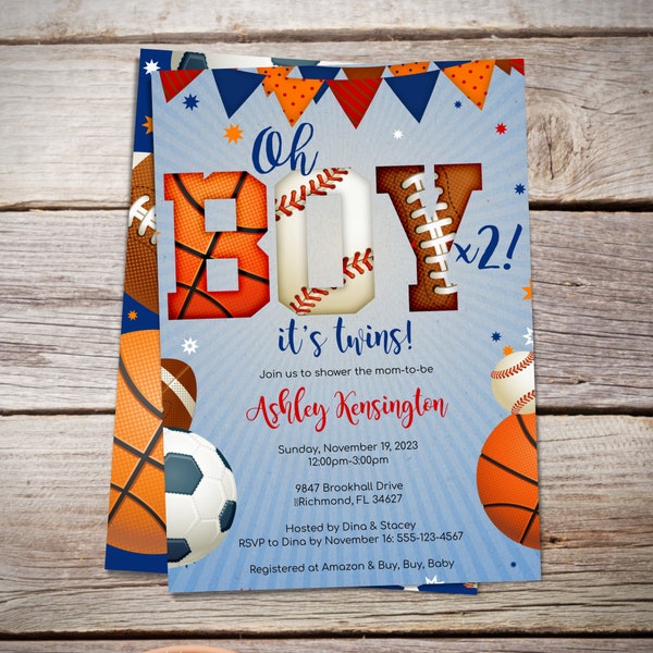 Twins Baby Shower Invitation | Sports Theme Twin Baby Invite | Sports Baby Shower Twin Boys | Boy Baby Shower | Instant Download - B012