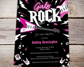 Girls ROCK Baby Shower Invitation, Guitar Invite, Rockstar Invite for Girl Shower, Pink and Black, Instant Download