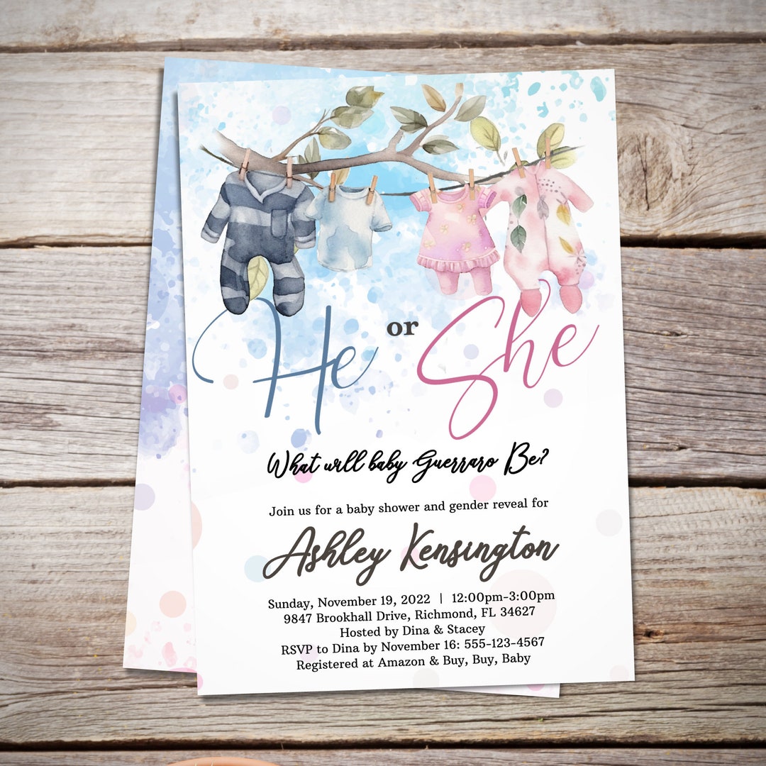 Editable Gender Reveal Invitation Template - He or She, Boy or Girl ...