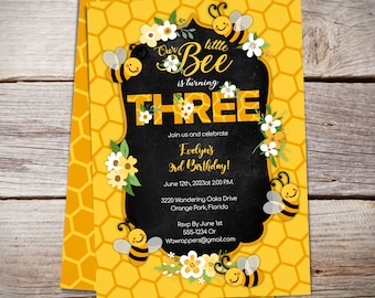 Bee 3rd Birthday Party Invitation Template - Bee Day Invites - THREE - Bee Themed- Third Birthday-  Buzz On Over - PDF Template - DIY