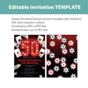 Puede incluir: Invitaci&oacute;n a una fiesta de cumplea&ntilde;os de 50 a&ntilde;os con tem&aacute;tica de casino con fichas de p&oacute;quer rojas y negras, cartas de juego y dinero. La invitaci&oacute;n dice "Est&aacute;s invitado a celebrar el 50 cumplea&ntilde;os de David Michellson".