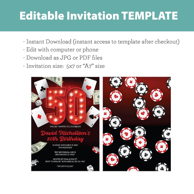 Puede incluir: Invitaci&oacute;n a una fiesta de cumplea&ntilde;os de 50 a&ntilde;os con tem&aacute;tica de casino con fichas de p&oacute;quer rojas y negras, cartas de juego y dinero. La invitaci&oacute;n dice "Est&aacute;s invitado a celebrar el 50 cumplea&ntilde;os de David Michellson".
