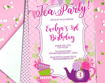 ティー パーティーの招待状またはティー パーティーの招待 - 女の子のティー パーティーの誕生日に最適 - DIY テンプレート - 今すぐこの PDF を自分で編集しましょう。