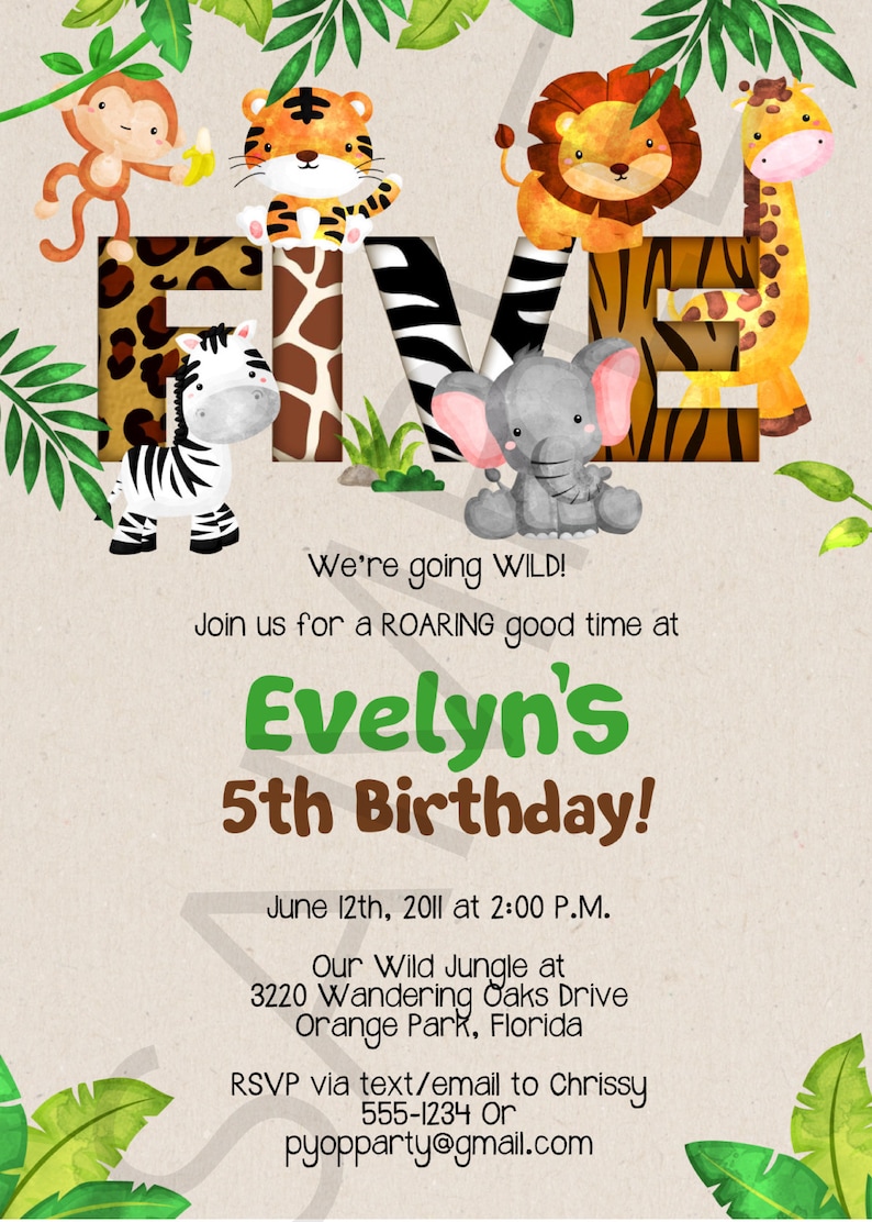 Jungle 5th Birthday Party Invitation Template Jungle Animals Etsy