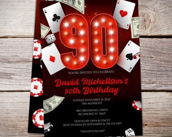 90th Birthday Casino Invitation, 90th Birthday Invitation For Him, Casino Theme, Poker Party, Casino Theme | Instant Download - BI003