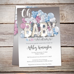 Baby Shower Invitation - &quot;Oh Baby&quot; - Gender Reveal, He or She Baby Shower, Instant Download, DIY