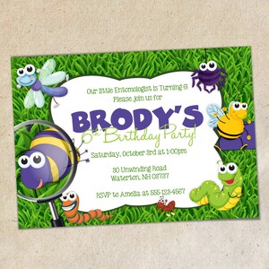 May include: A green and white birthday invitation for a boy's 6th birthday party. The invitation features a cartoon bug theme with a magnifying glass, a bee, a spider, a caterpillar, and a dragonfly. The text on the invitation reads "Brody's 6th Birthday Party!" and includes the date, time, address, and RSVP information.