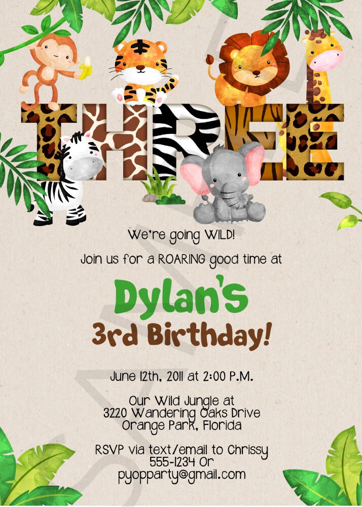 Jungle 3rd Birthday Party Invitation Template - Jungle Animals - THREE - Safari - Third Birthday Invitation - PDF Template - DIY - Etsy jungle-3rd-birthday-party-invitation-template-jungle-animals-three-safari-third-birthday-invitation-pdf-template-diy-etsy