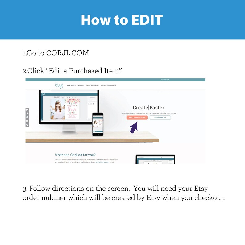 Puede incluir: Una captura de pantalla de una computadora que muestra el sitio web Corjl.com. El sitio web se utiliza para editar y personalizar productos digitales. La pantalla muestra un monitor de computadora y un tel&eacute;fono m&oacute;vil, ambos mostrando un dise&ntilde;o de muestra. El texto "Crear m&aacute;s r&aacute;pido" es visible en la pantalla. El texto "Editar un art&iacute;culo comprado" es visible en la pantalla. El texto "&iquest;Qu&eacute; puede hacer Corjl por ti?" es visible en la pantalla.
