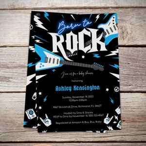Boys Rock and Roll Baby, Rock Star Invitation, Born to Rock, Guitar Invitation, Boy Baby Shower, Blue and Black, Instant Download