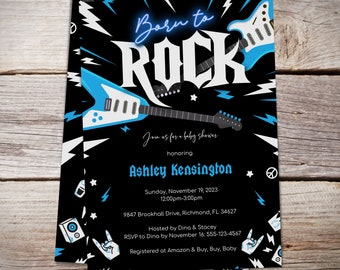 Boys Rock and Roll Baby, Rock Star Invitation, Born to Rock, Guitar Invitation, Boy Baby Shower, Blue and Black, Instant Download