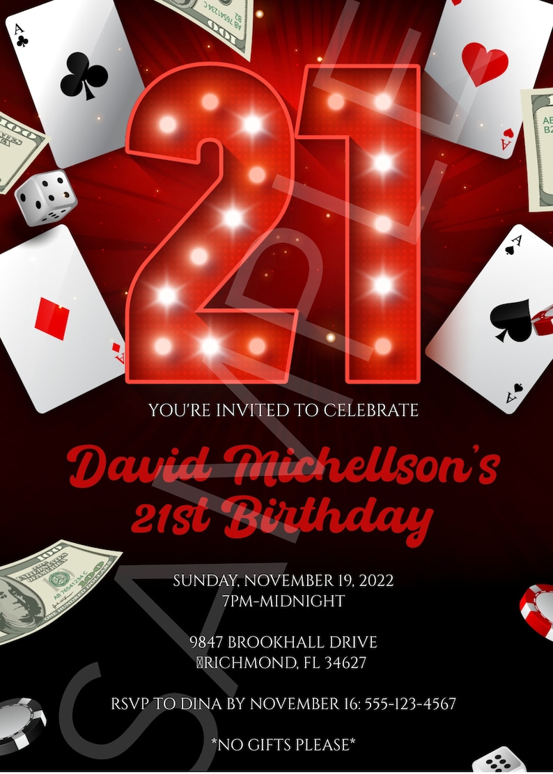 21st Birthday Invitations for Him Casino Theme - full view