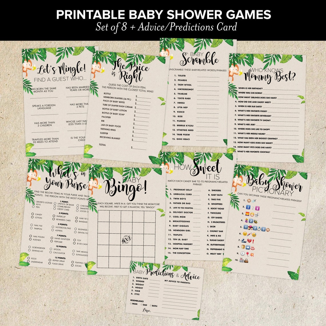 Printable Jungle Baby Shower Games 8 Games Advice Card - Etsy