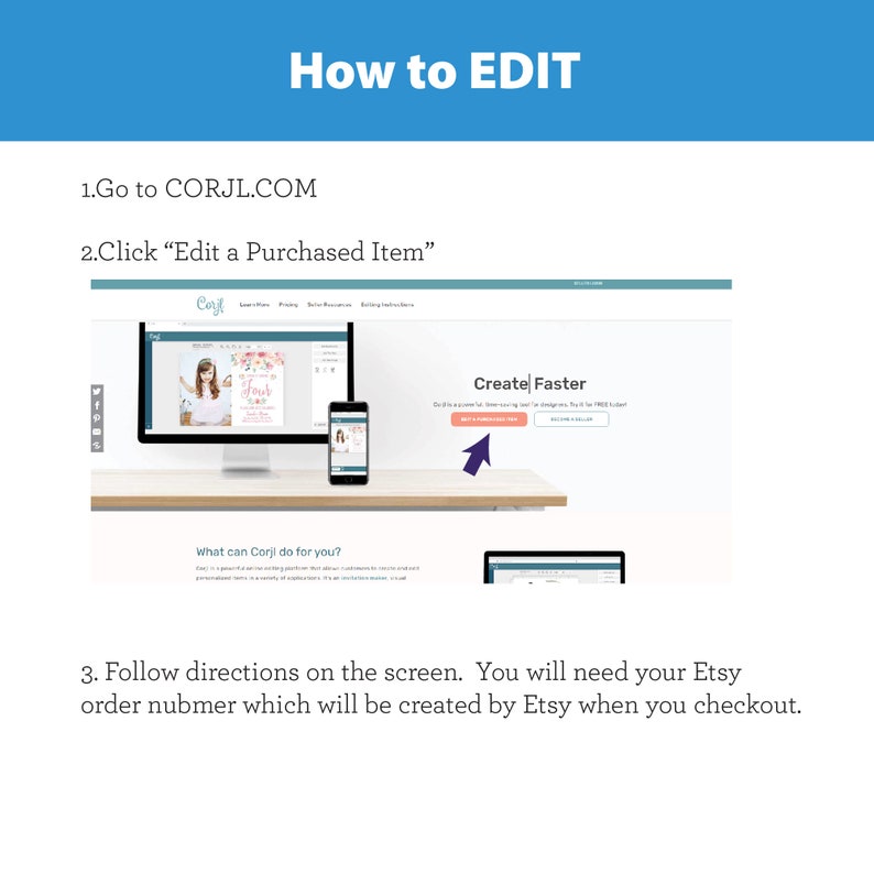 以下が含まれることがあります： Corjl.com のウェブサイトが表示されたコンピューター画面のスクリーンショットです。このウェブサイトは、デジタルデザインの作成と編集のためのプラットフォームです。画面には、「購入したアイテムを編集する」というボタンが表示されています。