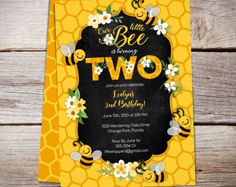 Bee 2nd Birthday Party Invitation Template - Bee Day Invites - TWO - Bee Themed- Second Birthday-  Buzz On Over - PDF Template - DIY