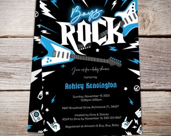 Boys Rock Baby Shower Invitation, Rock Star Invitation, Guitar Invitation, Heavy Metal Boy Invite, Blue and Black, Instant Download