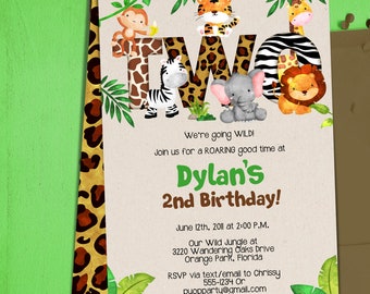 Jungle 2nd Birthday Party Invitation Template - Jungle Animals - TWO - Safari - Second Birthday Invitation - PDF Template - DIY