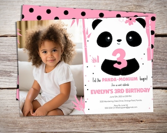Panda Girl Birthday Invitation with Photo for 1st Birthday or any age, Girls Birthday Party, Kid Birthday