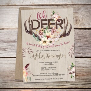 Oh Deer Baby Shower Invitation, Boho Baby Shower Invitation, Rustic baby shower invitation - GIRL,  PDF Template, Create today! - B011