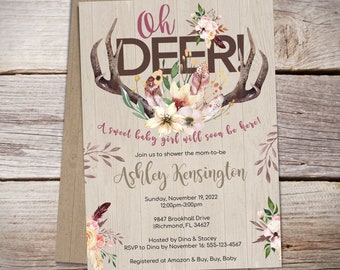 Oh Deer Baby Shower Invitation, Boho Baby Shower Invitation, Rustic baby shower invitation - GIRL,  PDF Template, Create today! - B011
