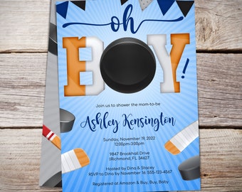 Hockey Baby Shower Invitation, Sports Theme Invite, Hockey Theme Decor, Instant Download - B012