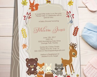 May include: A woodland-themed baby shower invitation with a brown background and a white border. The invitation features a deer, a squirrel, a bear, a fox, a rabbit, and a raccoon. The text on the invitation reads "A sweet little baby is on the way. Please help us celebrate with a special day. A Baby Shower honoring Melissa Jones June 12th, 2017 2:00 P.M. 3220 Wandering Oaks Drive Orange Park, Florida Hosted By Chrissy Dossin Please Rsvp By June 1st 555-1234 Or Wbwrappers@gmail.com Melissa Is Registered At Babies R Us & Target"
