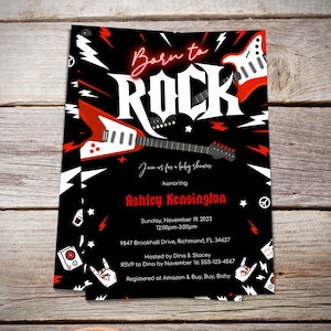 Rock and Roll Baby, Rock Star Invitation, Born to Rock, Guitar Invitation, Boy or Girl Baby Shower, Red and Black, Instant Download